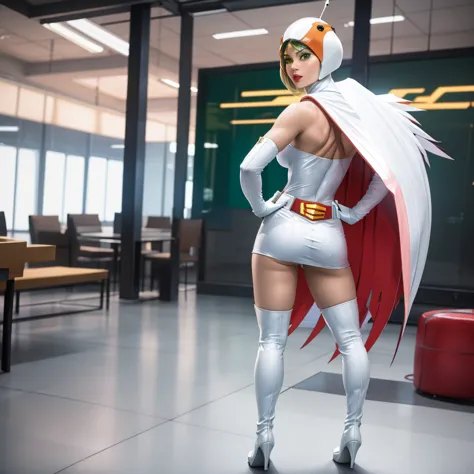 ANI_CLASSIC_jun_gatchaman_ownwaifu,1girl, ,good anatomy, masterpiece, best quality,realistic, hyperrealistic, 16k hdr, long hair,breasts,green eyes,lips,large breasts,lipstick,makeup,gloves,cape,helmet,belt,elbow gloves,white gloves,mask,white tight overkn...