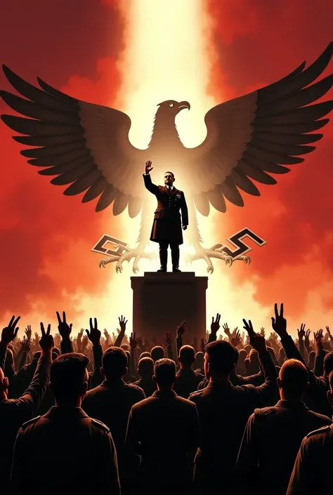 The image shows Adolf Hitler standing on a podium, illuminated by a heavenly spotlight, surrounded by a crowd of soldiers and workers raising their hands in the Nazi salute. In the background, a large imperial eagle with its wings spread holding a swastika...