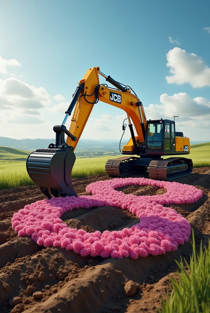 JCB machinery making number 8 on land, Include something pink for Women's Day