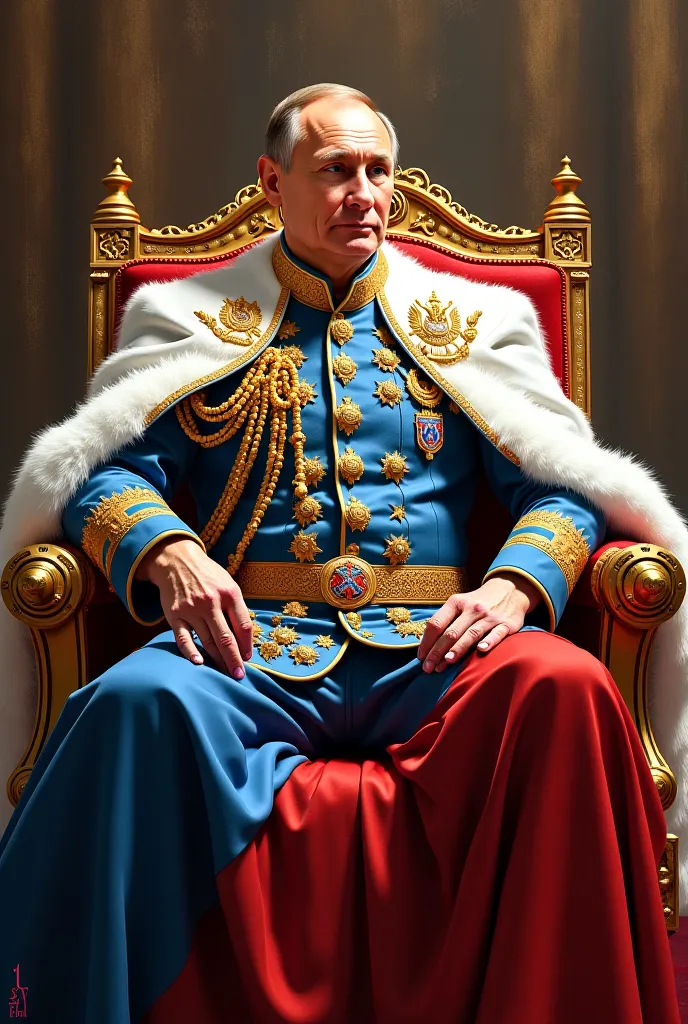 A highly detailed digital painting of [vladimir putin] depicted as a powerful and regal king. He wears luxurious royal attire inspired by traditional monarchy, featuring elements of gold, velvet, and embroidery. His cape, robes, and accessories are designe...