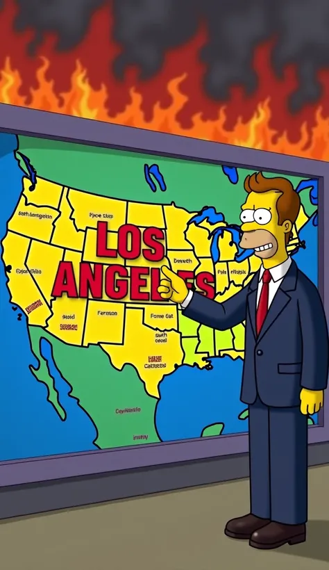 A weather presenter in a classic Simpsons-style studio stands in front of a large animated map of the United States. The map shows various cities across the country, but instead of the typical South Carolina sign, there is a massive, bold sign that reads "...