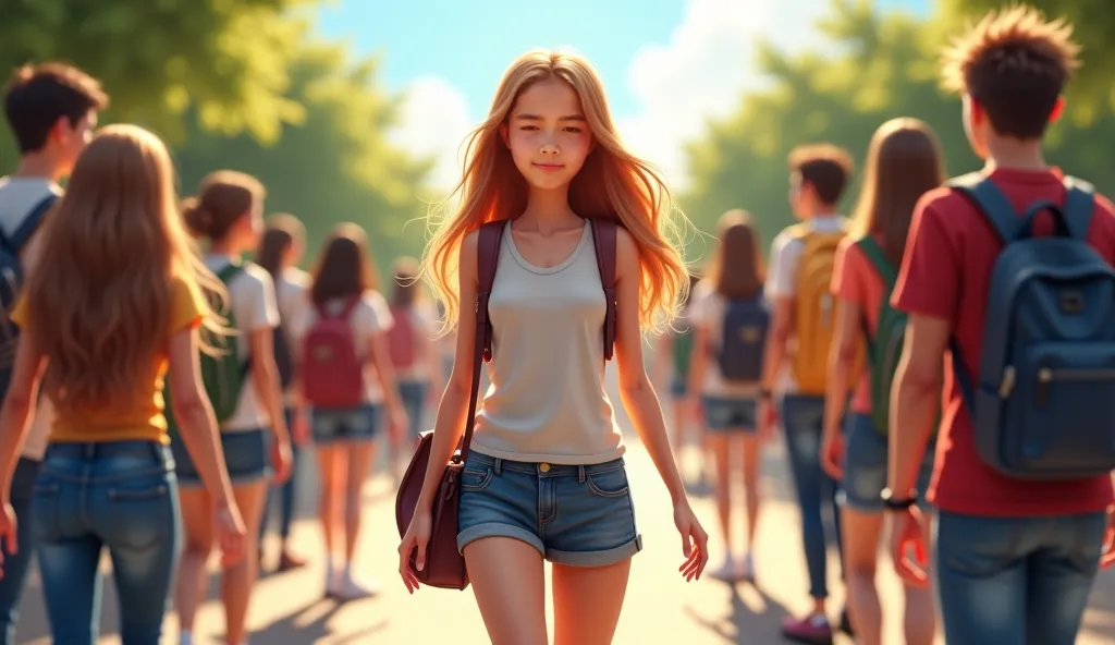 Beautiful high school girl with face, the same body and hair color began to show a small smile and courage to approach a group of classmates. Create realistic image