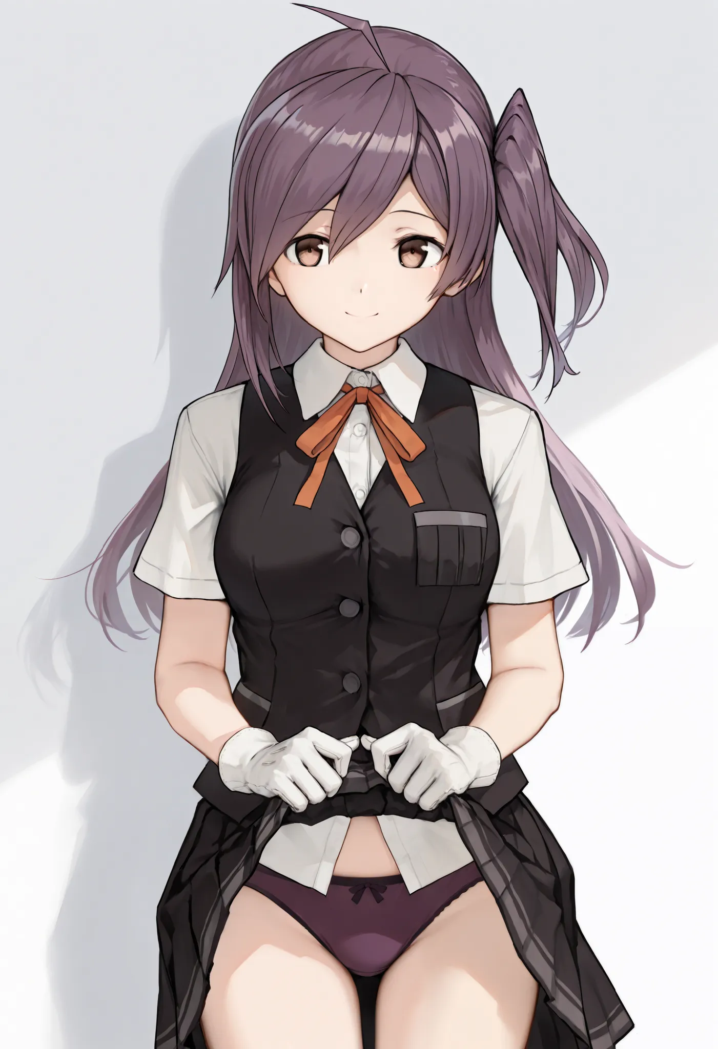 hagikaze(kantai collectio), masterpiece, Best Quality,score_9, score_8_up, score_7_up, score_6_up,
1 girl, alone,
(white black:1.4), staring at viewers,
smile, , clothing lift,skirt flip,lift it yourself,  purple _ panties,
Hagi-style, stupid hair, One sid...