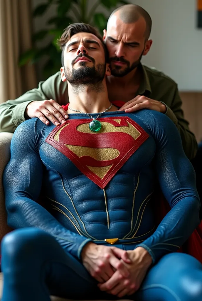 full body shot of a muscular, attractive p4l4d1nd4n53, handsome man with short stubble, head tilted back, extremely hairy chest to neck, muscular thighs, dressed in a blue Superman costume. He has a pain-distorted expression, orgasm face,  eyes closed,  mo...