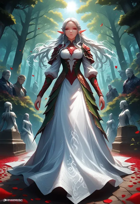 score_9, score_8_up, score_7_up, anime comic illustration fantasy art, (red petals: 1.3) falling from the sky on a beautiful female elf, standing in forest, cloud of red petals swirling around the ice statue, full body, beautiful elf, long icy hair strands...