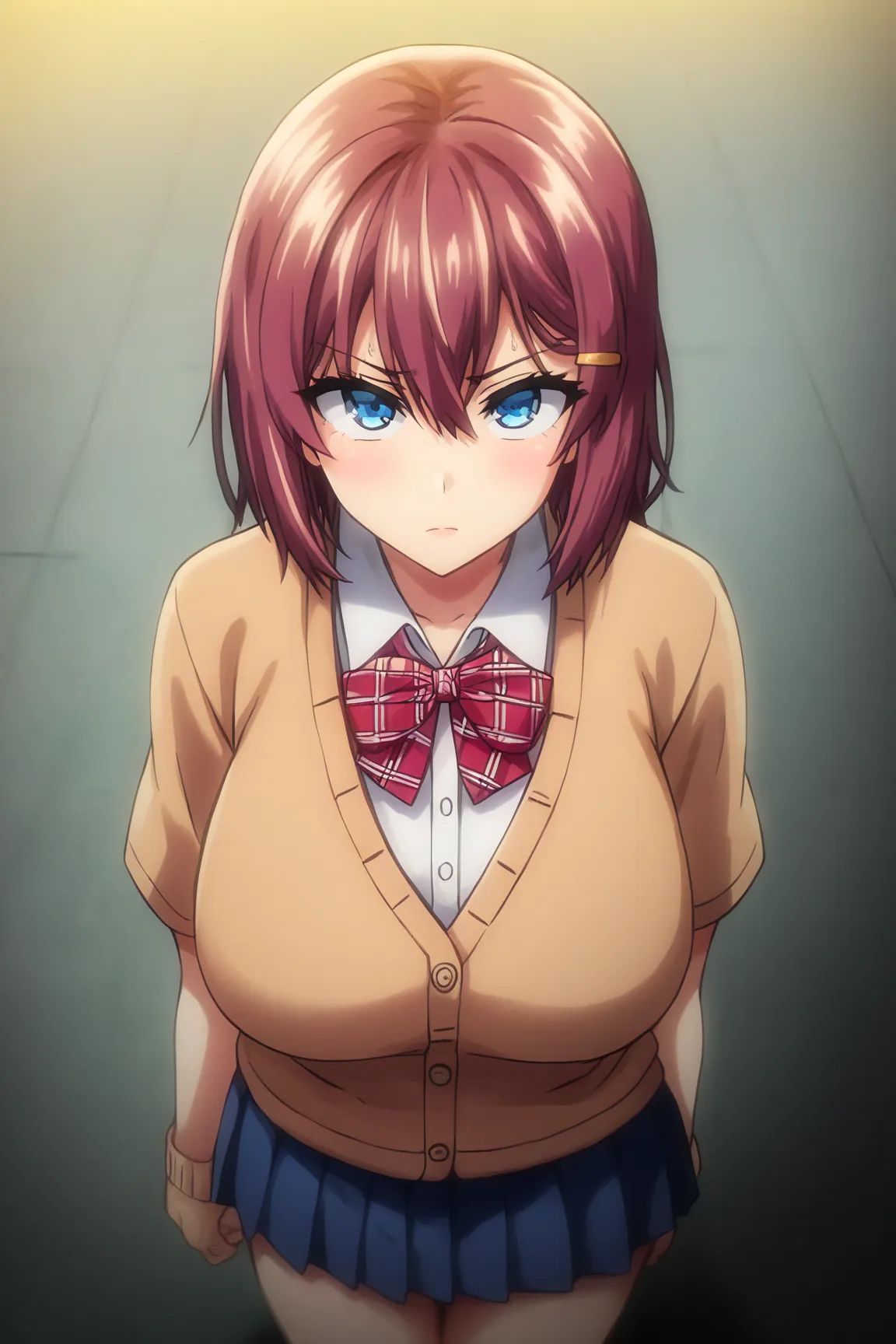 safe_pos, score_9, akane nanao (akane wa tsumare somerareru),(Masterpiece),( top quality),2D, anime, Anime art,(official style), (1 girl), reddish brown hair, short hair, hair between eyes, yellow hairclips, blue eyes, (huge breasts),(cardigan:1.6), thick ...