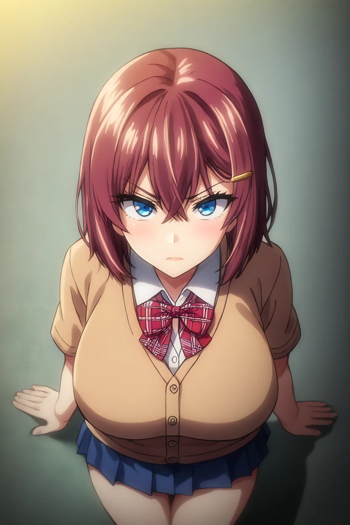 safe_pos, score_9, akane nanao (akane wa tsumare somerareru),(Masterpiece),( top quality),2D, anime, Anime art,(official style), (1 girl), reddish brown hair, short hair, hair between eyes, yellow hairclips, blue eyes, (huge breasts),(cardigan:1.6), thick ...