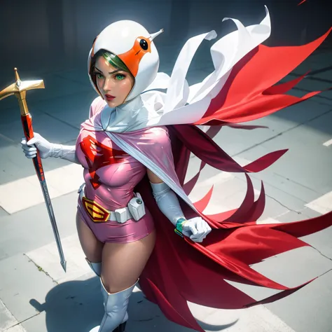 ANI_CLASSIC_jun_gatchaman_ownwaifu,1girl, ,good anatomy, masterpiece, best quality,realistic, hyperrealistic, 16k hdr, long hair,breasts,green eyes,lips,large breasts,lipstick,makeup,gloves,cape,helmet,belt,elbow gloves,white gloves,mask,white tight overkn...