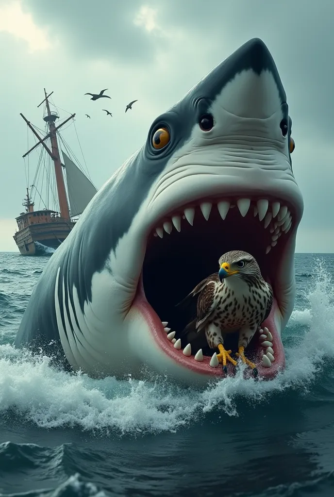 a giant shark eats a hawk, the shark was very hungry and saw the hawk hunting fish, and grabbed the hawk with its teeth over the sea, this shark is white with black stripes across its body, it has many sharp teeth and an imposing look with yellow eyes, the...