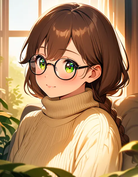 Masterpiece, little sister, brown eyes, braided hair, round transparent cute glasses, cream colored sweater, hair with bangs, anime, 18 yaş, büyük