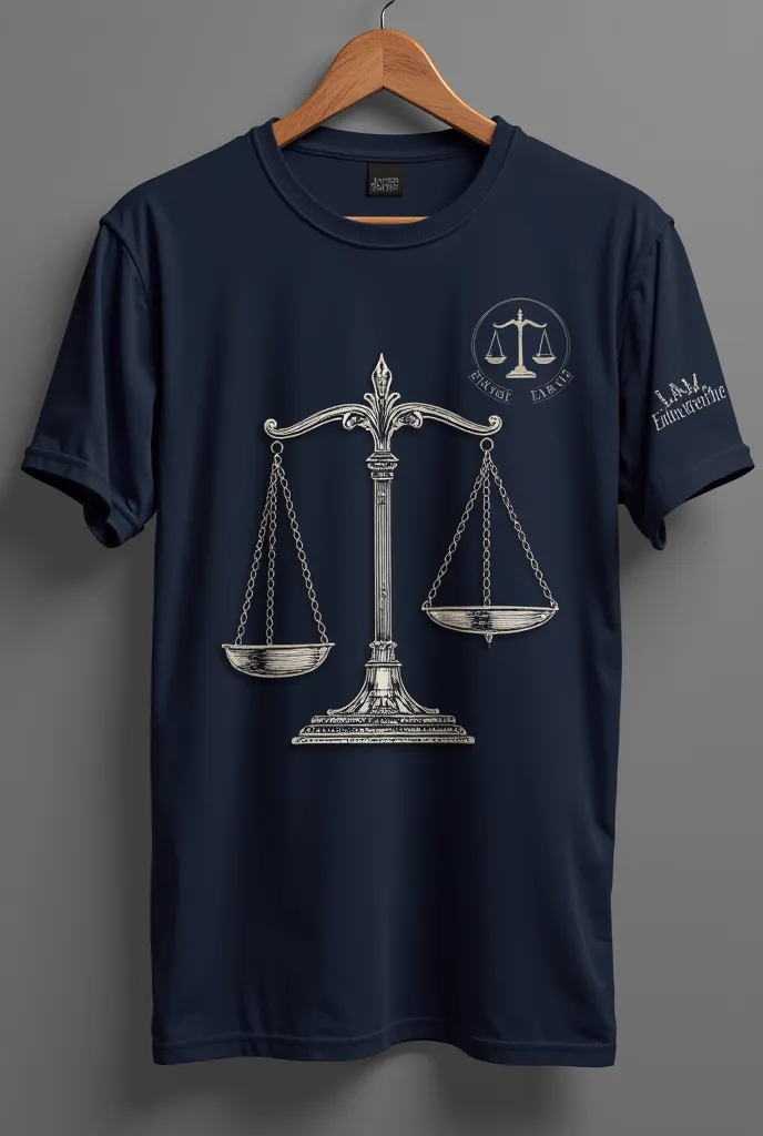 Create a t-shirt from the Law Course at UNASP with the logo containing the justice scale printed on the chest and arm a reduced version. Write on the bottom of the scale "Unasp HT Law". The scale has to be on the chest on the right side.