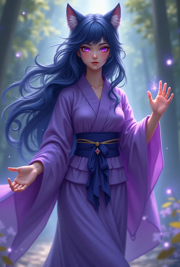 Dark blue hair wolf girl with purple and yellow wolf eyes in purple Japanese kimono healing dance