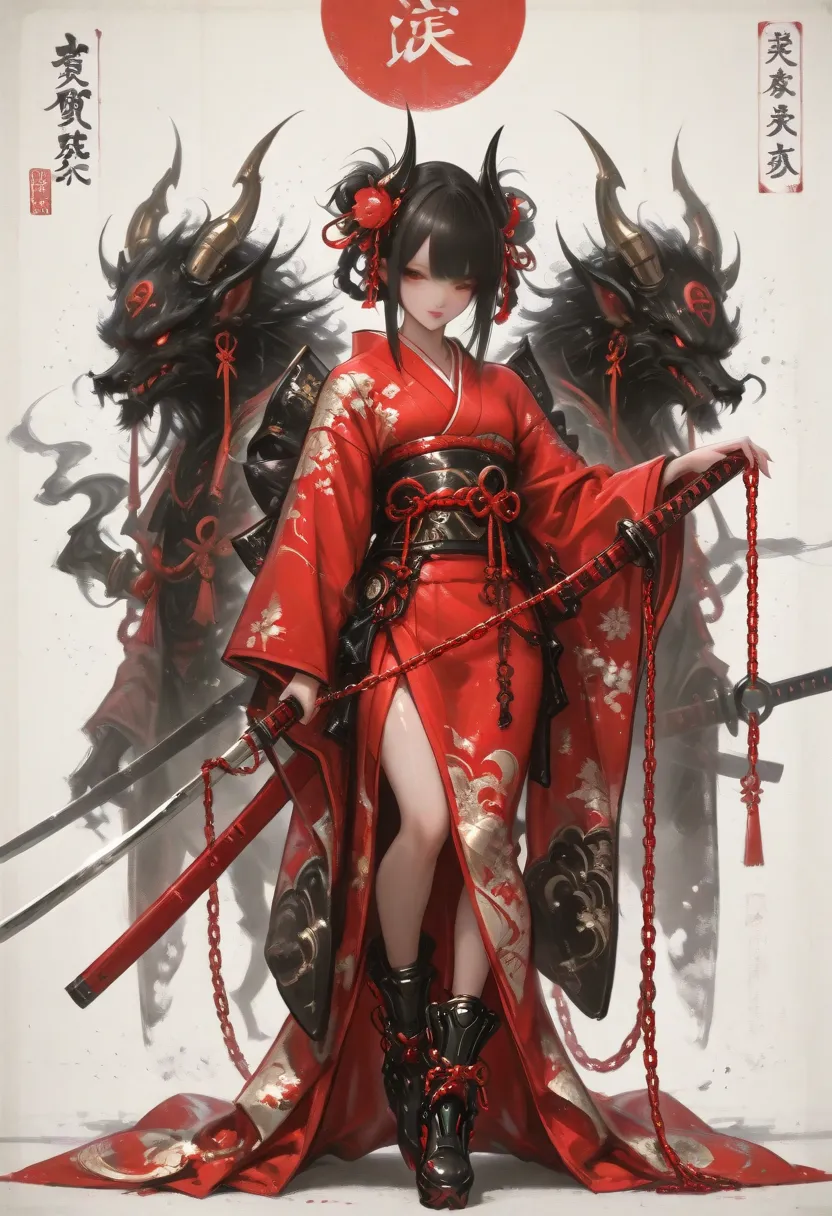 an AI-generated illustration of a "they", a mythical demon from Japanese folklore, portrayed as a seductive female figure chained, blending traditional Japanese elements, like a kimono , with modern and daring details, like high-tech boots and a sword, faz...