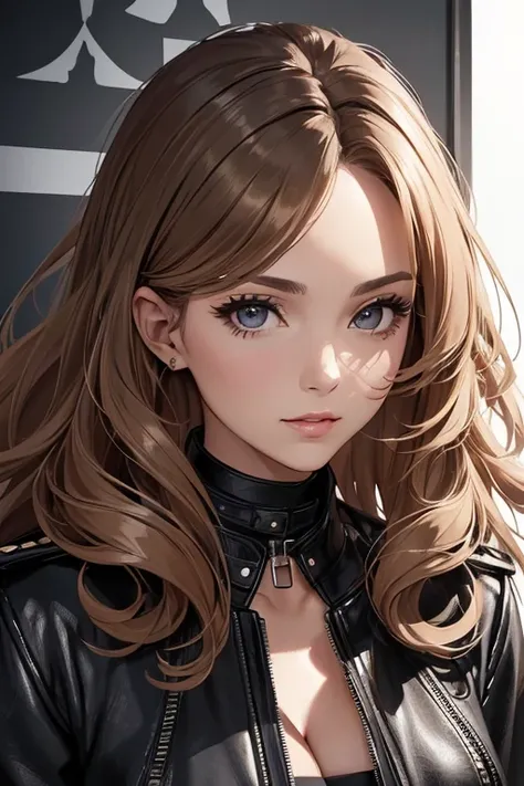                       a beautiful woman    , age group 30 years ,            uniform with long curly blond hair,  black eyes combining black leather bomber jacket with low-cut blouse and choker, looking forward   ((1.2)) ((    pretty face)) ((   masterpiec...