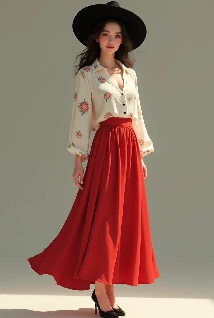 A fair-skinned lady wearing a red skirt with a white floral blouse, a black hat and black heels. 