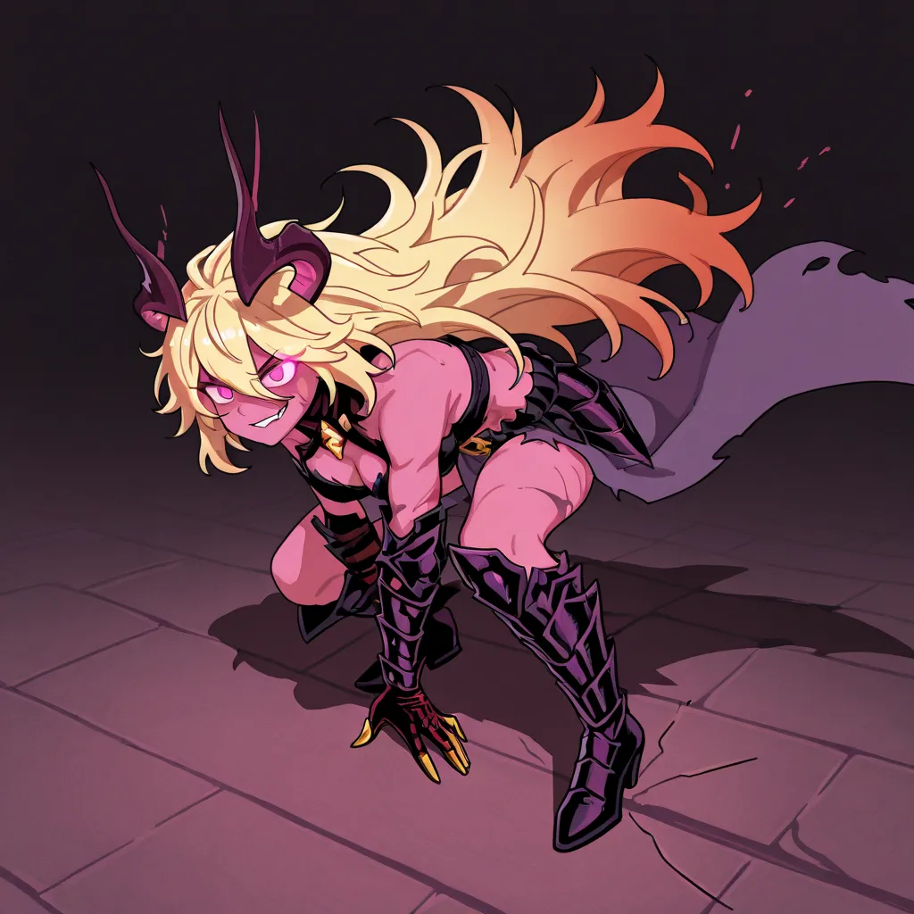 1girl, Solo, Beth from Guardian Tales, #beth, demon lord. Smirking, full body, blonde hair with red in the end, magenta eyes, glowing eyes, purple skin, defeated in the floor

Masterpiece, High Resolution, High Details, High Quality, Super Detailed, 