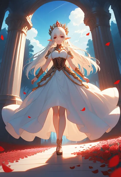 score_9, score_8_up, score_7_up, anime comic illustration fantasy art, (red petals: 1.3) falling from the sky on a beautiful female elf, standing in forest, cloud of red petals swirling around the ice statue, full body, beautiful elf, long icy hair strands...