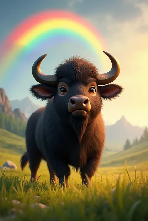 A courageous young buffalo (Bruno) in the foreground, with dark fur and bright eyes, looking out at a rainbow that extends over a green meadow.