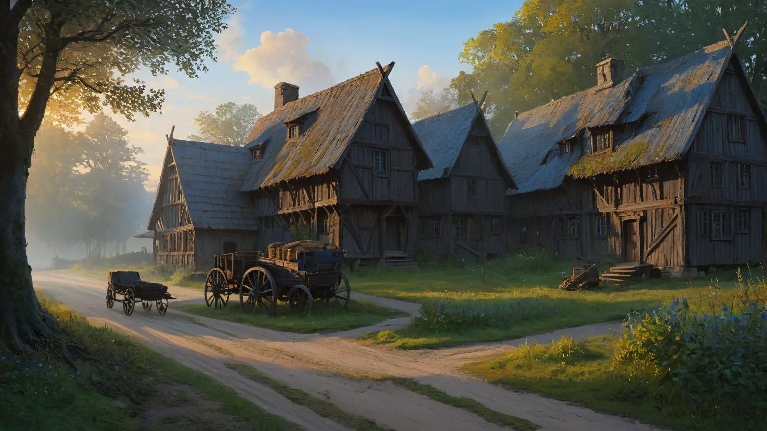 (in the center is an old medieval slavic wooden big house with empty windows close-up), [ dirty medieval street ancient], one old broken cart on the side of the road , Sunrise in a small slavic medieval village. (in the sky — a blue comet ), deciduous fore...