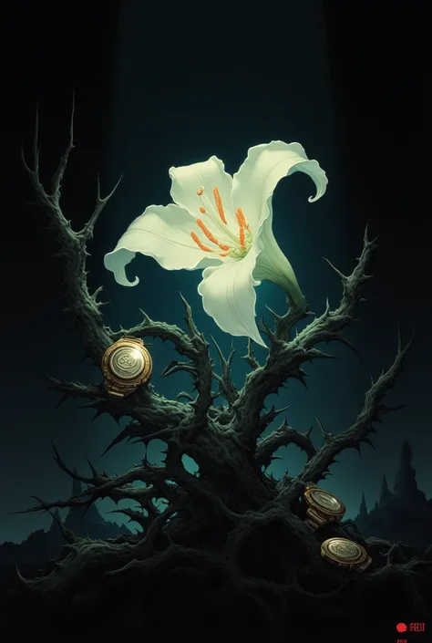 I want to create a book cover with a dark, moody background that evokes mystery. In the center of the image, there should be a white lily, its delicate petals standing out against the darkness. The lily should be surrounded by thorny branches, tightly enci...