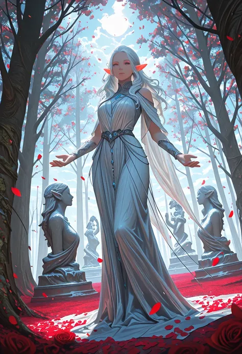 score_9, score_8_up, score_7_up, anime comic picture, fantasy art, (red petals: 1.3) falling from the sky on a beautiful female elf, standing in forest, cloud of red petals swirling around the ice statue, full body, beautiful elf, long icy hair strands, we...