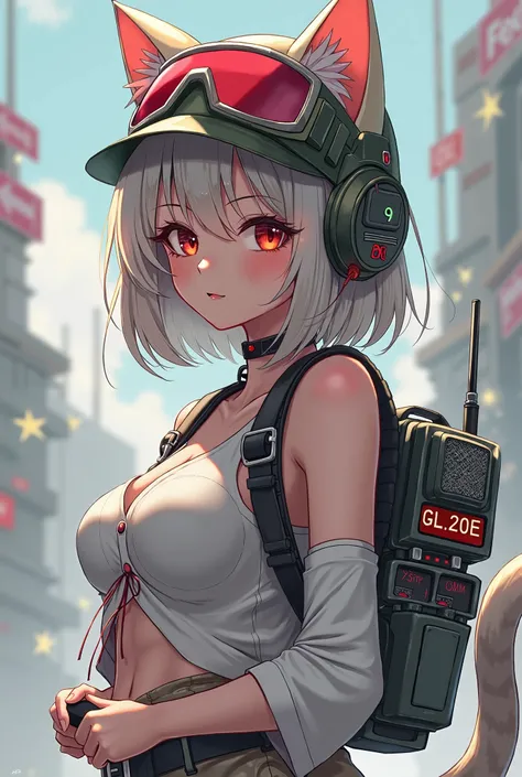 Anime girl with cat tail, backpack on the back with a radio station and a military helmet Animal ears, big breasts, close-up, computer keyboard in hand