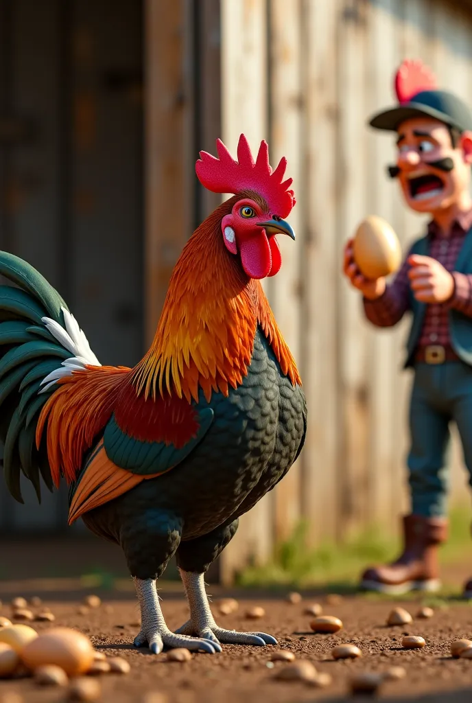 A beautiful rooster with a sharp beak stands next to the wooden farm wall. It is very sad that the huge angry farm owner approaches him and shouts and holds an egg in his hand. Dynamic Digital Animation picture