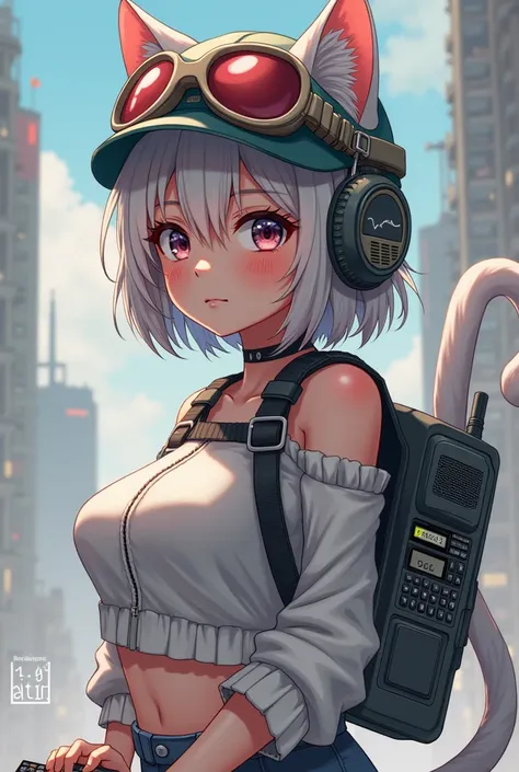 Anime girl with cat tail, backpack on the back with a radio station and a military helmet Animal ears, big breasts, close-up, computer keyboard in hand