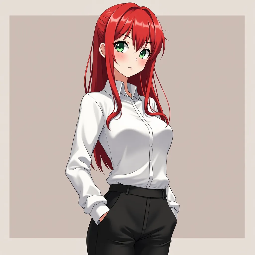 An adult albino girl,  his average physique , Eye color green, hair color fiery red, hair lengths, eyebrow and eyelash color white, anime,  age 25 years , height 171 centimeters tall, the second breast size is small, with a serious face, dressed in black p...