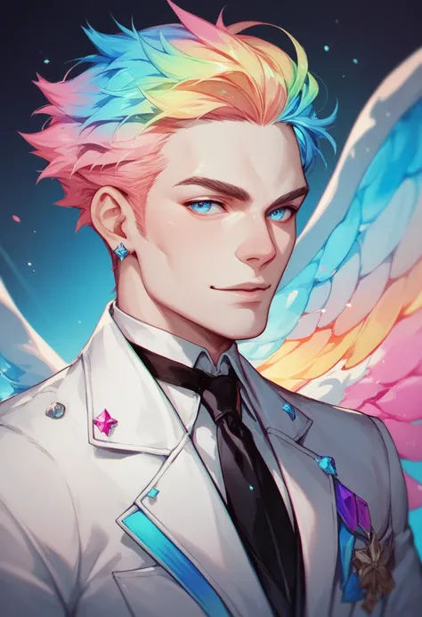 35-year-old angel man, colorful hair,  pale skin,  vibrant blue eyes ,  wearing a white suit .
