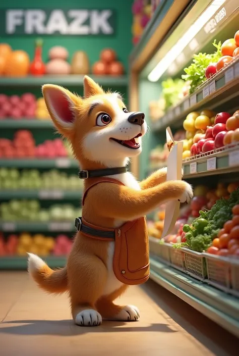 A cute and stylized dog, wearing an apron and pushing a shopping cart, is in a colorful grocery store. It stands on its hind legs, carefully examining a shelf full of fresh ingredients like vegetables, fruits, and spices. The scene is vibrant, with soft li...