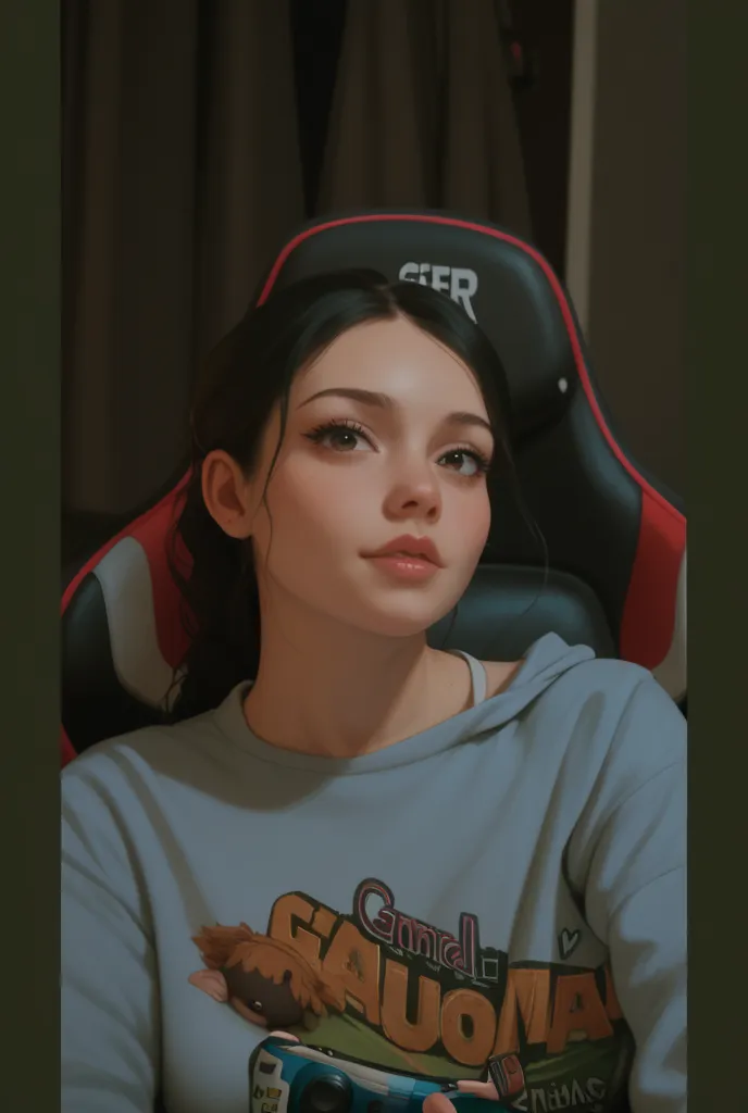 Make a woman with long hair and a gamer sweatshirt 