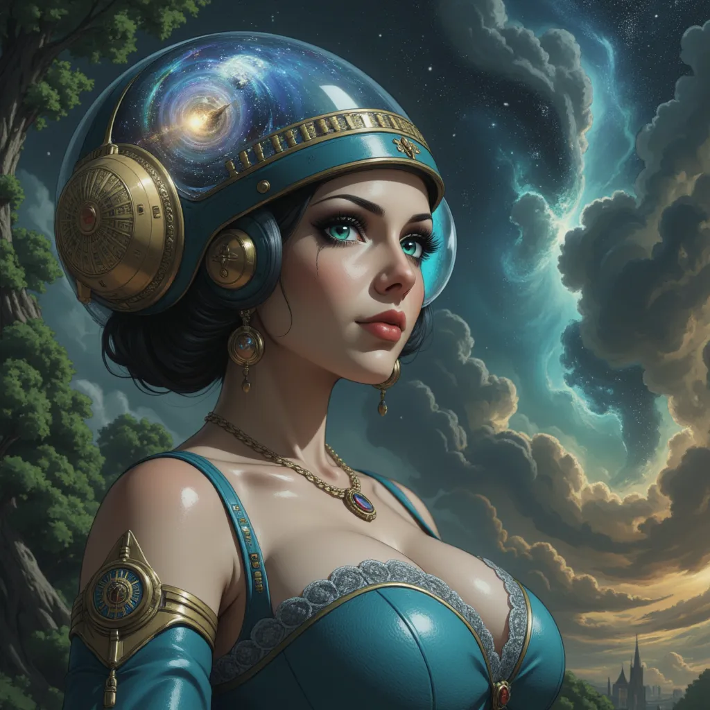 Painting of a woman with a blue green helmet with a slightly transparent visor inside which we see a galaxy and a blue green dress with a watch, inspired by Gaston Bussiere cathedral atmosphere, inspired by Vincent Lefevre with hyperrealistic Art Nouveau t...