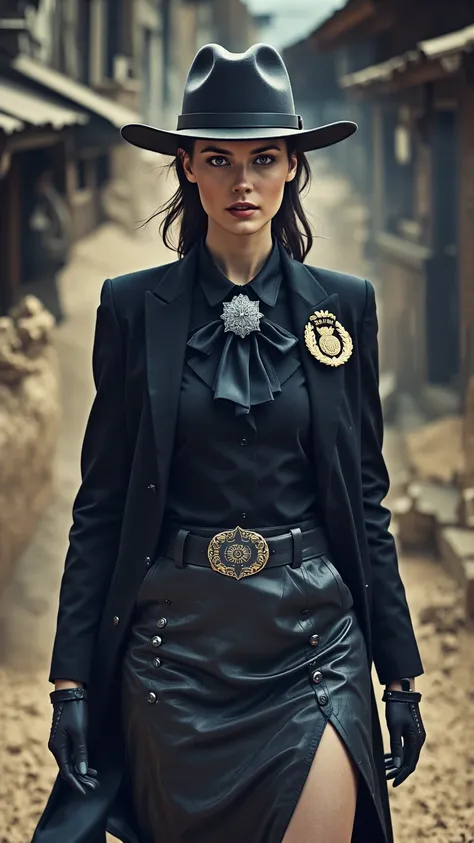 close up, sharp focus, A powerful fusion of a fashionable businesswoman and a Wild West outlaw. She wears a tailored black leather blazer with structured shoulders, fitted to her frame. Underneath, a high-collared silk blouse with a dark, elegant cravat, f...