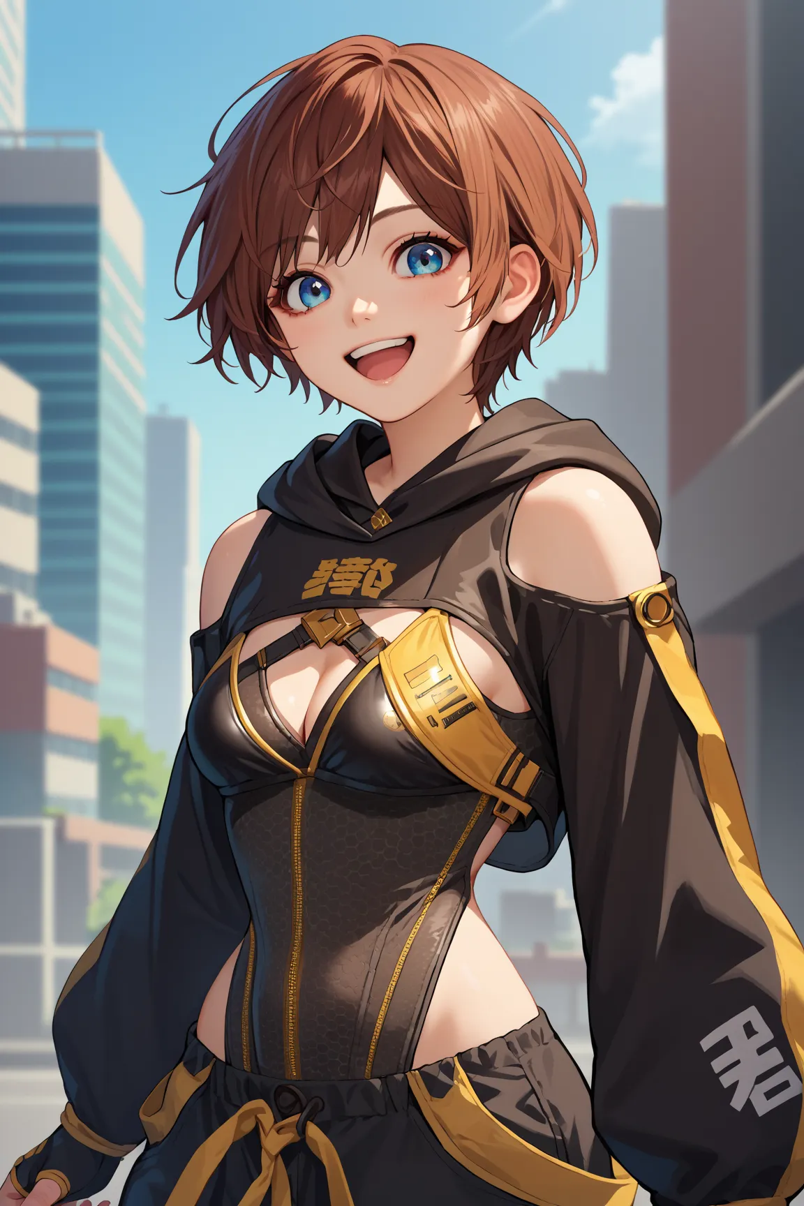 score_9, score_8_up, score_7_up, score_6_up, source_anime, 1girl, solo  sblily, brown hair, short hair, blue eyes, leotard, cleavage, black sleeves, hood down, bare shoulders, long sleeves, black pants, fingerless gloves, happy, looking at you, medium brea...