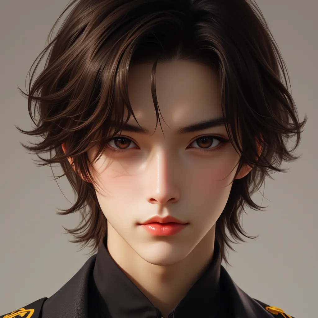 masterpiece, best quality work of art, 8k, of the highest quality, best graphic,  Beautiful black eyes  , beautiful sensual lip, beautiful fond asian,  long brown hair detached , man in his seventeen-year-old   , Japanese young man looking in the face . Lo...