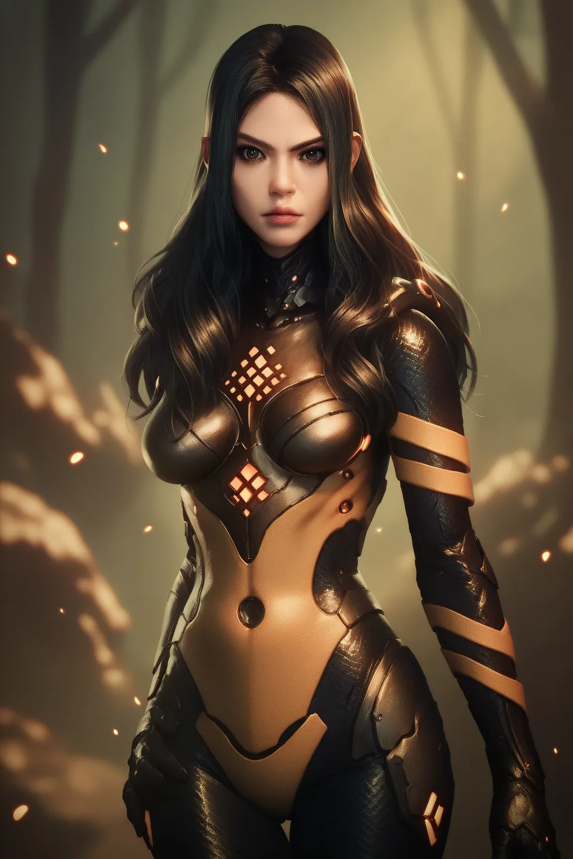 1girl, solo, stellar_blade_tachy, brown eyes, gloves, armor, full body, cowboy shot, looking at viewer, long hair, breasts, forest, Flickering light, realistic, official wallpaper, unity, unreal engine,