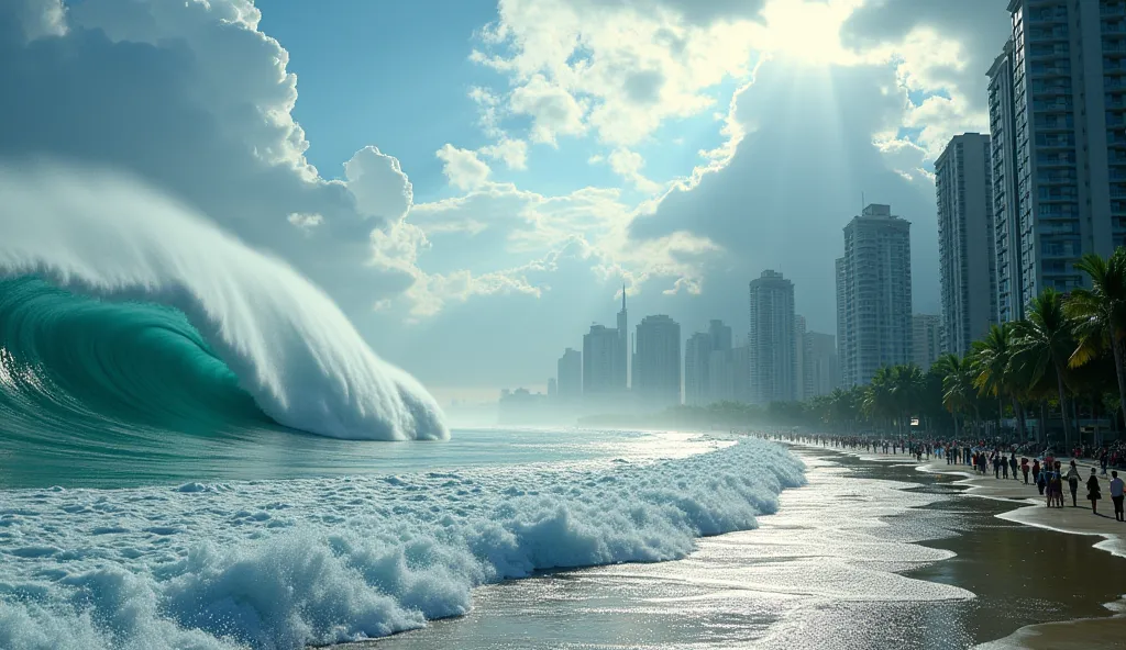 A breathtaking, high-detail scene of a natural disaster in broad daylight. A massive tsunami wave approaches a coastal city, with shimmering water reflecting the bright sunlight. Skyscrapers and streets are partially flooded, and people are evacuating towa...