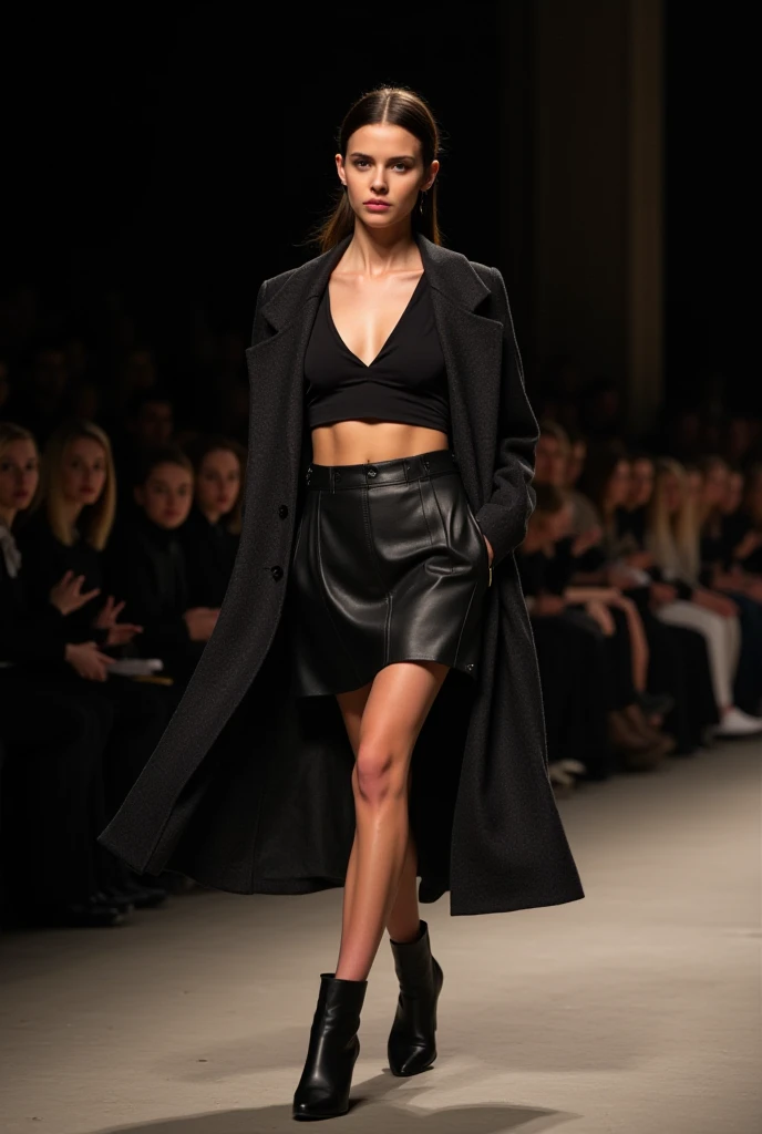  a woman walking down a runway wearing a skirt and a coat, inspired by Alexander Mann, cropped shirt with jacket, f / 2 0, multilayered outfit, f 2 0, runway, accentuated hips, wearing Louis Vuitton, post modernist layering, full-figure, rick owens, deep s...