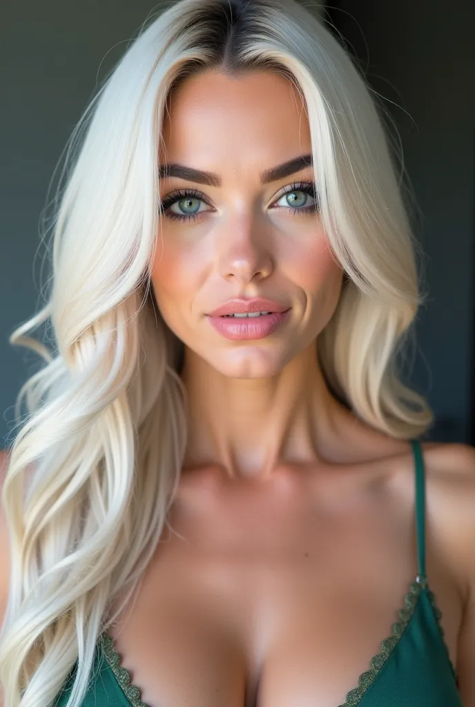 medium platinum straight hair, with light  skin and fit curvy body. Emerald cat eyes with thick eyebrows and eyelashes. Greek nose, with Full bottom lips and heart-shaped face and piercing near her eyebrow