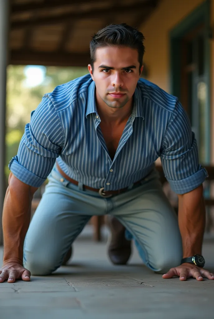 Fotografía realista, 35-year-old muscular (((atletic man))) , crawling on the floor nalgon de perfil,, View from below, nalgon de perfil, stripe blue formal shirt and very tight light gray jeans, brown belt, de perfil, Big butt, viendo a cámara, ojos negro...