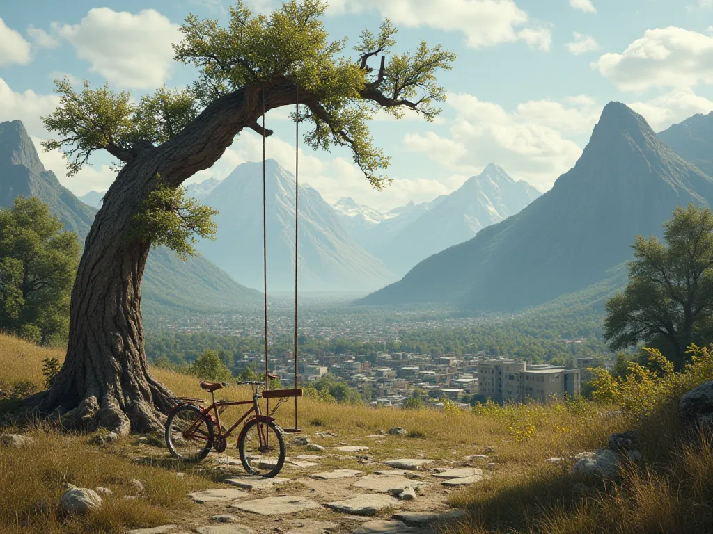 create a picture with a mountain background and the middle ground is an abandoned city and in the foreground there is a tree and a swing and a rusty bicycle 