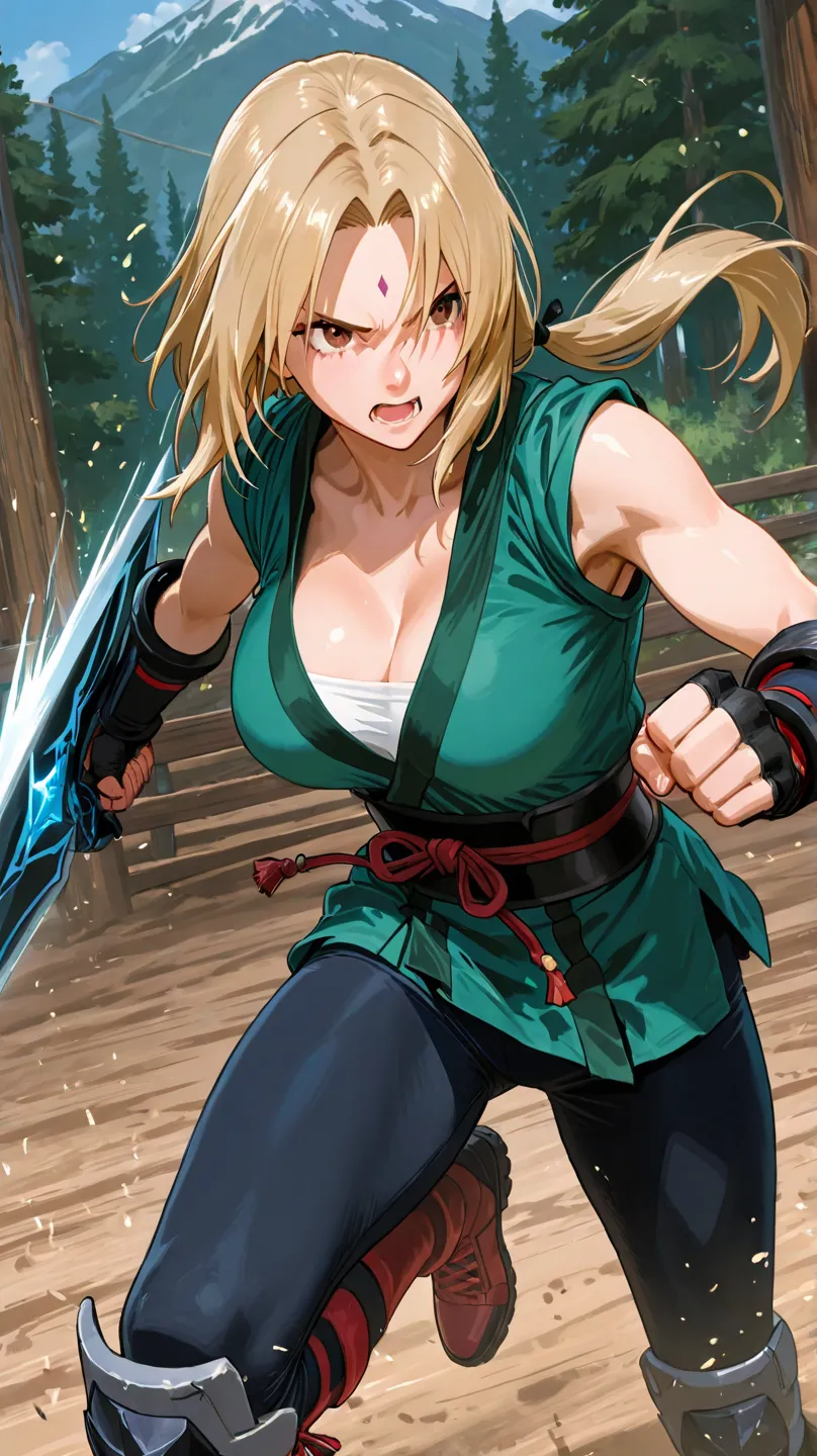 Battle on the Training Ground
Scene: You're at a training camp, fighting alongside Tsunade against wooden clones. She delivers powerful blows, and you feel the impact of punches and kicks.

details: The ground shakes with each hit, and you see Tsunade usin...