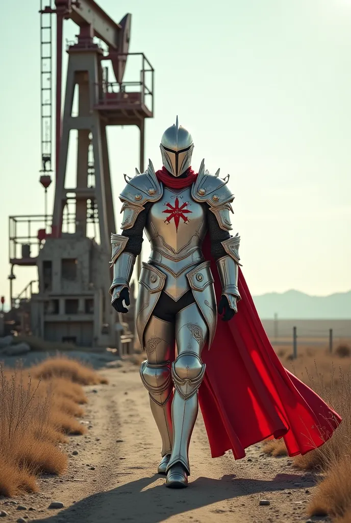 A knight wearing white and red leaves an oil well 