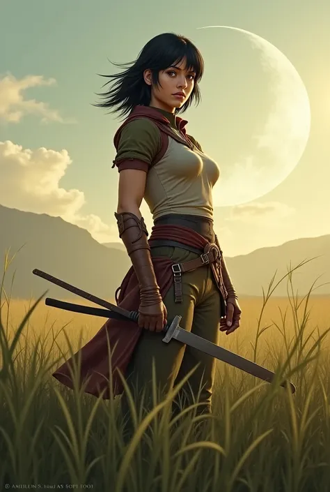 Mikasa, brown themed, grass, moon