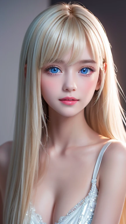  portraits、 An Extraordinary Beautiful Girl、 bright expression 、Beautifully Disheveled Bangs 、bangs between eyes、Blonde hair hanging over face、young shiny white glossy skin、Young face、Cheek Gloss Highlight、The ultimate beauty、 Blonde Reflections 、Platinum ...