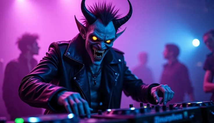 Create a humanoid demonic creature with pale, skeletal skin, bright eyes and a wide smile with sharp teeth. He has spiky, dark hair, a dark cyberpunk style and wears a black leather jacket with details Metallic. He's in a DJ booth, surrounded by purple and...