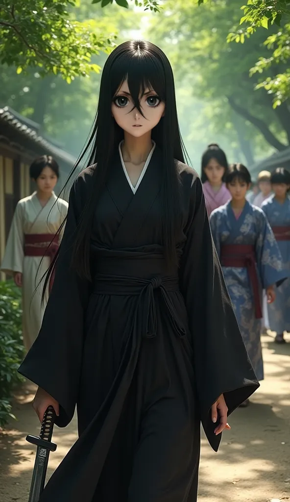 "A breathtakingly beautiful portrayal of Rukia Kuchiki, with delicate, doll-like features, luminous skin, and sleek black hair that frames her face perfectly. Her violet eyes shine with quiet strength. She wears a flawlessly tailored black shihakusho, her ...