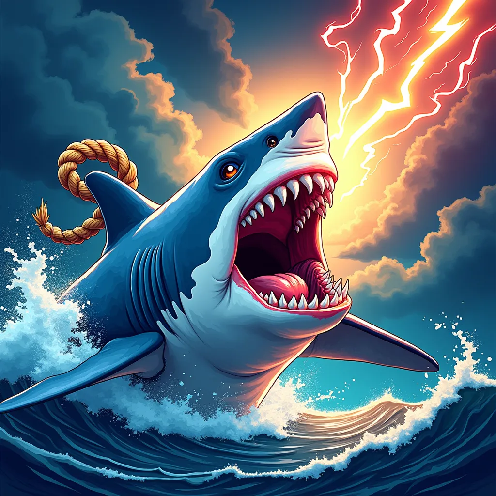 NFT 3D woodcut colorful wild animal white shark 
 Angry giant shooting lightning through the mouth flashy l, Cornos brilliance,  diffracted rays, anime style, looking at the viewer, blue eyes, looking at the viewer, Braid, ponytail, Open Mouth, brilliance,...