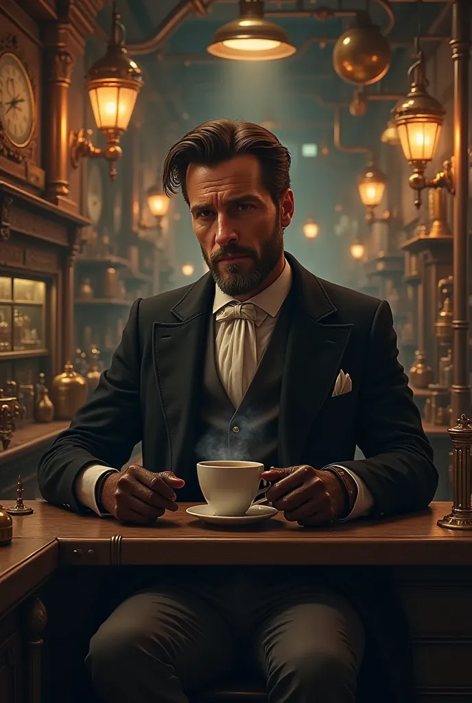 Steampunk man drink coffee in a strpbar